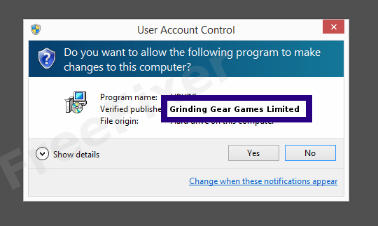 Screenshot where Grinding Gear Games Limited appears as the verified publisher in the UAC dialog